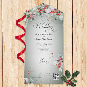 Traditional Rustic Winter Holly Berries QR Code All In One Invitation