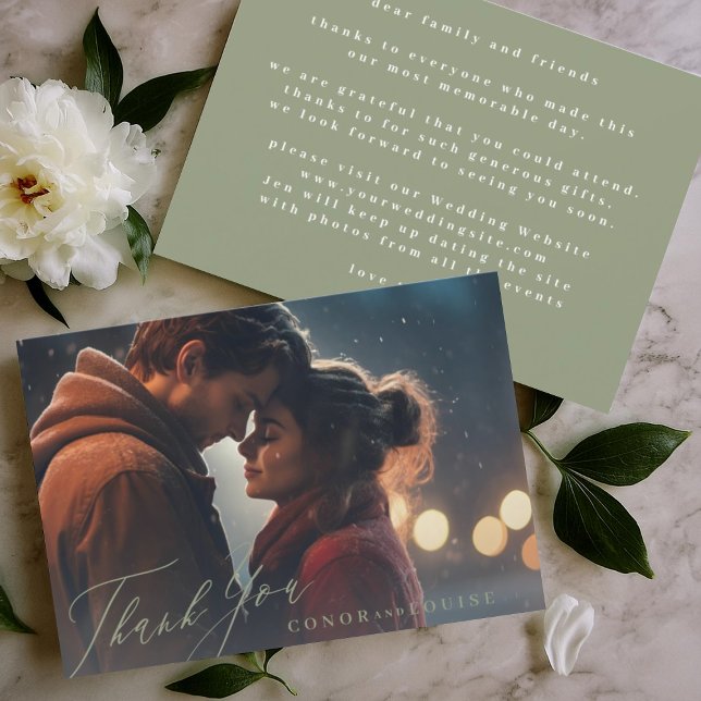 Traditional Sage Green Calligraphy Wedding Photo Thank You Card (Creator Uploaded)