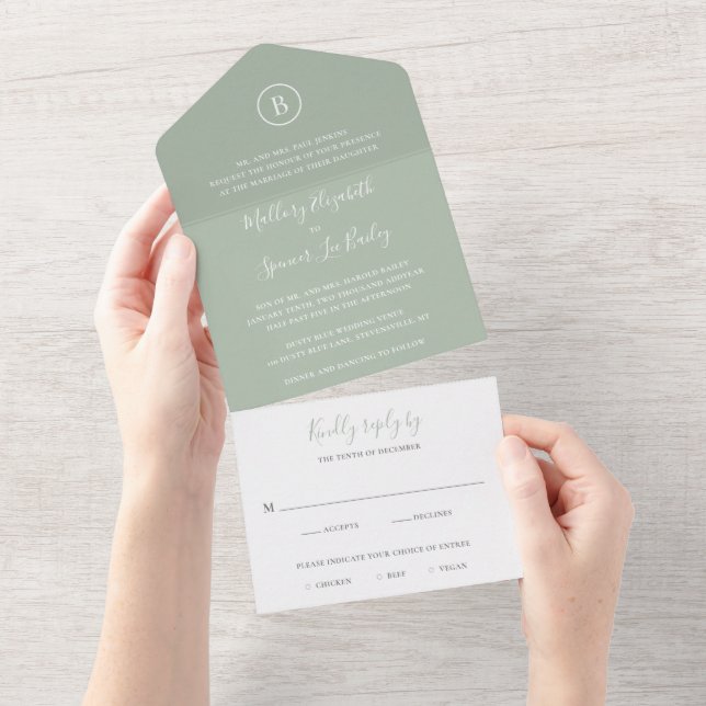 Traditional Sage Green Elegant Wedding All In One Invitation (Tearaway)