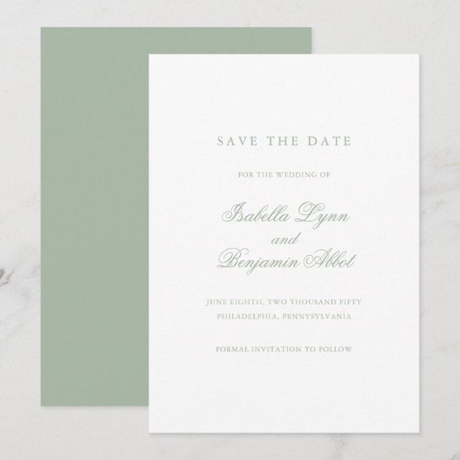 Traditional Sage Green Formal Elegant Wedding Save The Date (Front/Back)