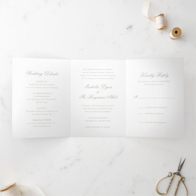 Traditional Sage Green Formal Elegant Wedding Tri-Fold Invitation (Inside)