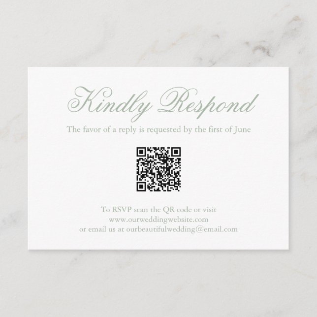 Traditional Sage Green Formal QR Code Wedding RSVP Card (Front)