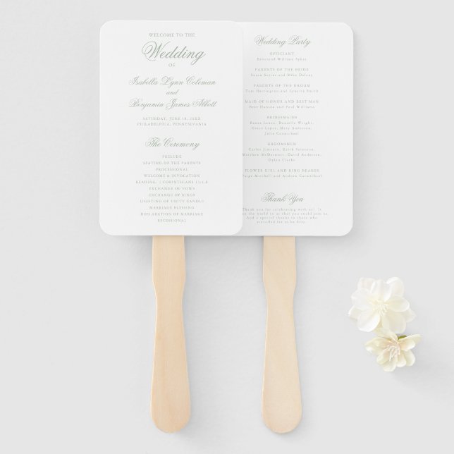Traditional Sage Green Formal Wedding Program Hand Fan (Front and Back)