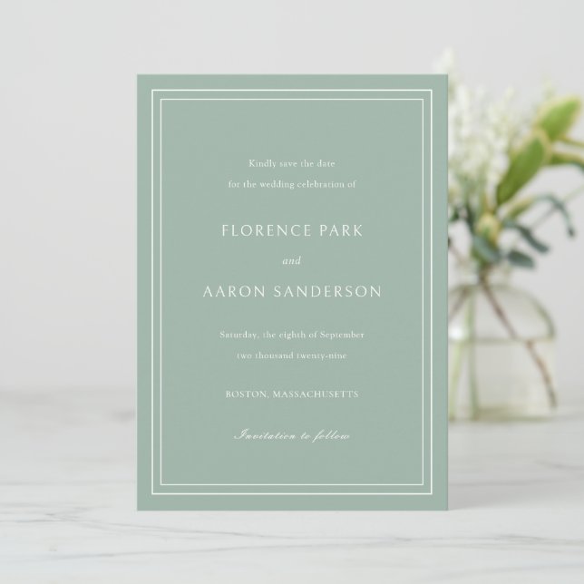 Traditional Sage Green Timeless Wedding Save The Date (Standing Front)