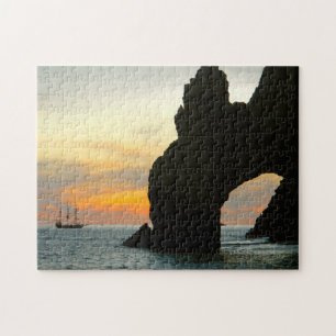 Traditional Sailboat At Sunset,Cabo Rock Arches Jigsaw Puzzle