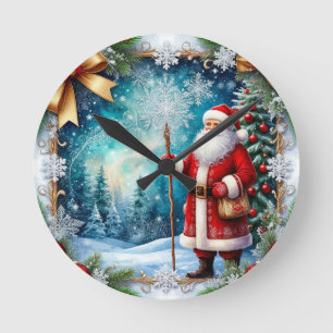 Traditional Santa Claus in Winter Wonderland Round Clock
