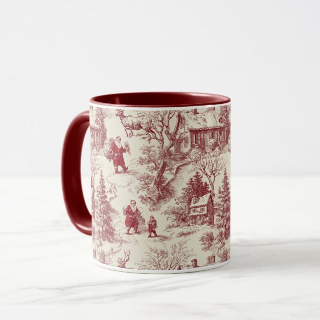 Traditional Santa Claus Red on Cream Toile De Jouy Mug (Front Left)
