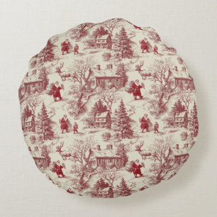 Traditional Santa Claus Red on Cream Toile De Jouy Round Cushion