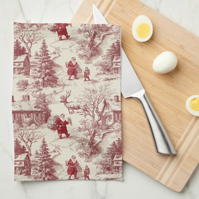 Traditional Santa Claus Red on Cream Toile De Jouy Tea Towel (Quarter Fold)