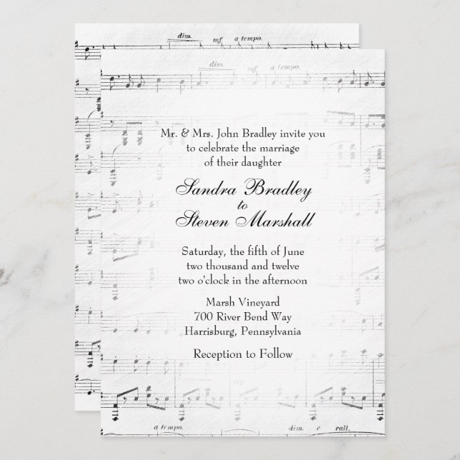 Traditional Sheet Music Wedding Theme Invitation (Front/Back)