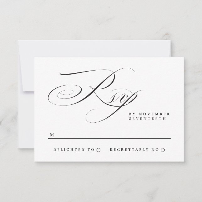 Traditional Simple Calligraphy Black Tie Wedding RSVP Card (Front)