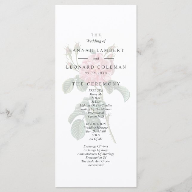 Traditional Single Rose Wedding Programme (Front)
