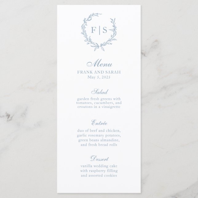 Traditional Slate Blue Wreath Monogram Menu (Front)
