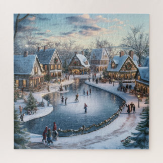 Traditional Snowy Christmas Village Scene Jigsaw Puzzle