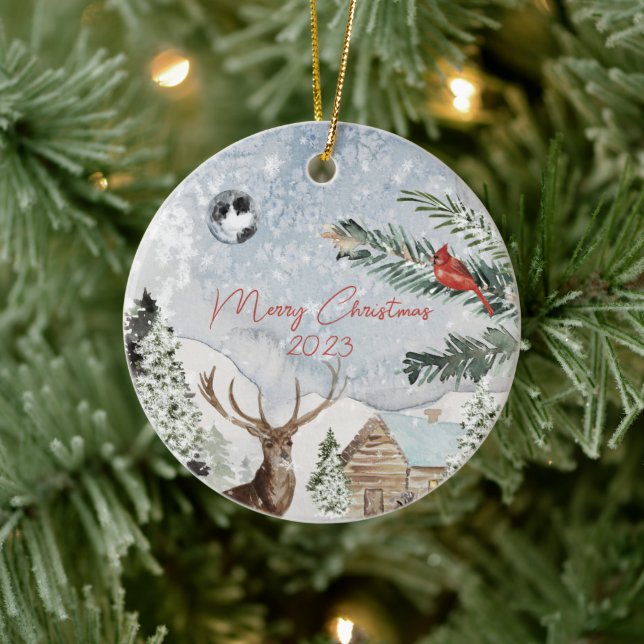 Traditional Snowy Winter Wonderland Deer Cardinal Ceramic Tree Decoration (Tree)