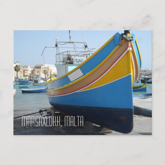 Traditional Striped Fishing Boat Marsaxlokk Malta Postcard (Front)