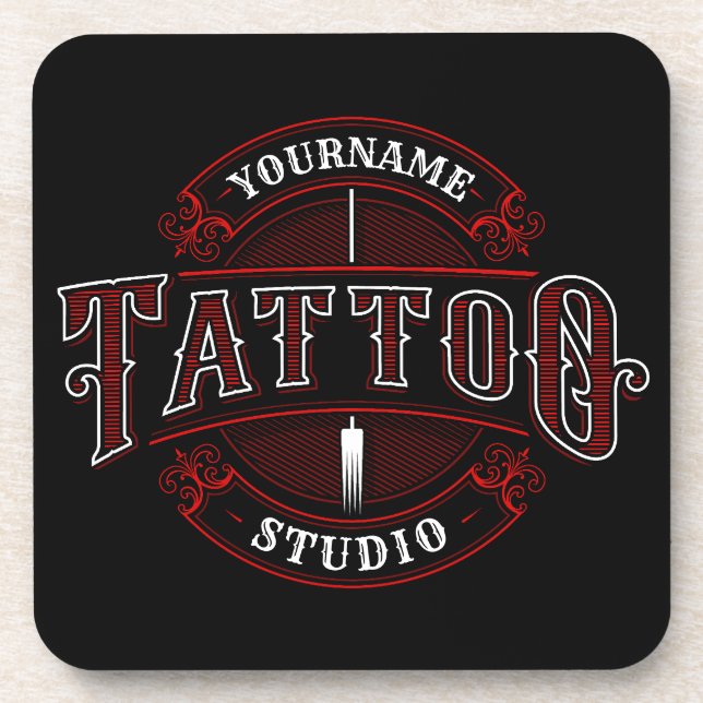 Traditional Style ADD NAME Tattoo Studio Shop Coaster (Front)