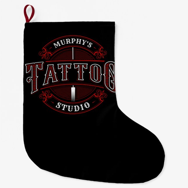 Traditional Style ADD NAME Tattoo Studio Shop Large Christmas Stocking (Front)