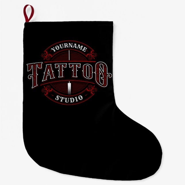 Traditional Style ADD NAME Tattoo Studio Shop Large Christmas Stocking (Front)