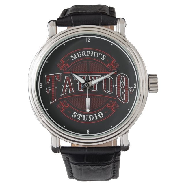 Traditional Style ADD NAME Tattoo Studio Shop Watch (Front)