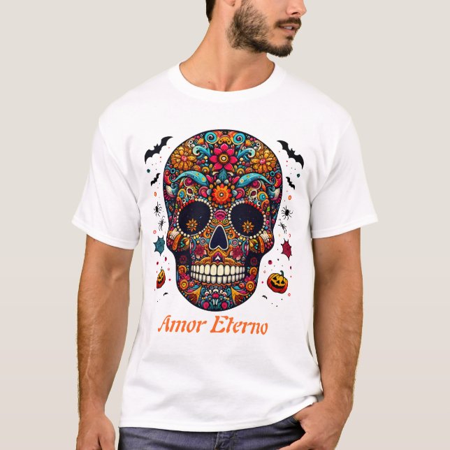 Traditional Sugar Skull Halloween Mexican Art T-Shirt (Front)