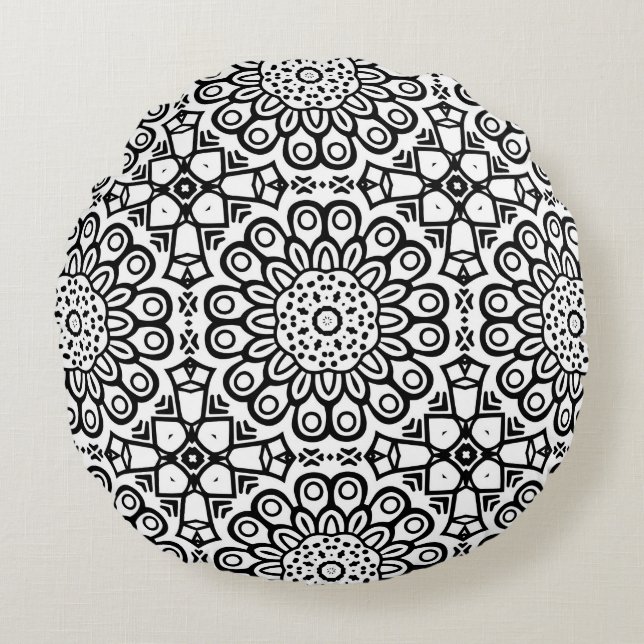 Traditional sunflower batik pattern ornamentscroll round cushion (Front)