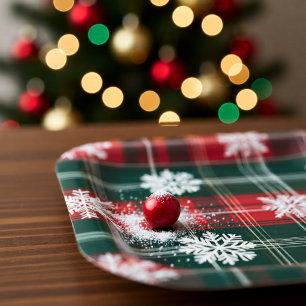 Traditional Tartan Snowflakes Red Green Christmas Paper Plate