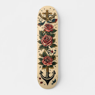 Traditional Tattoo Design,Anchor, Roses & Swallows Skateboard