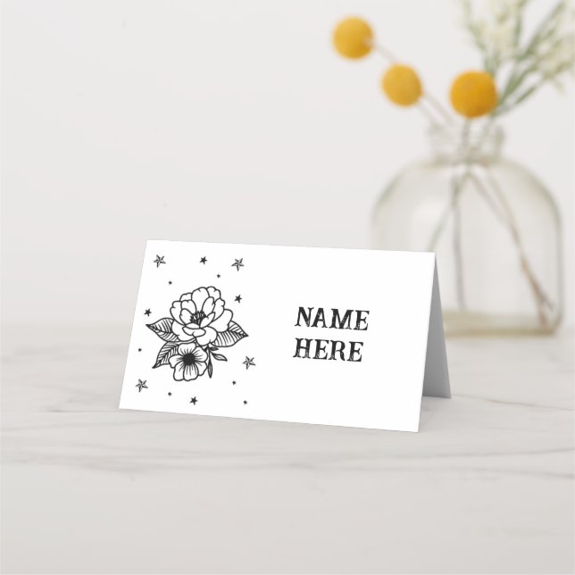 Traditional Tattoo Flower Line Name Cards Wedding (Front)