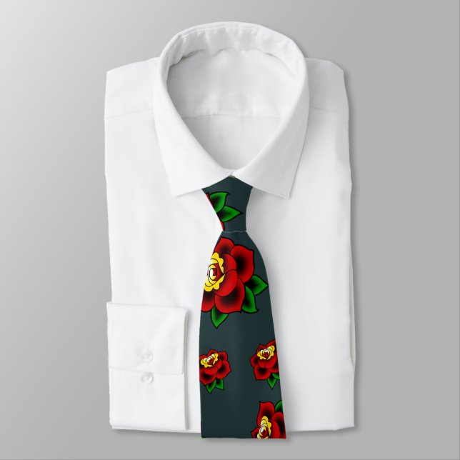 Traditional Tattoo Rose Neck Tie (Tied)