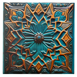 Traditional Teal and Mustard ceramic art Tile