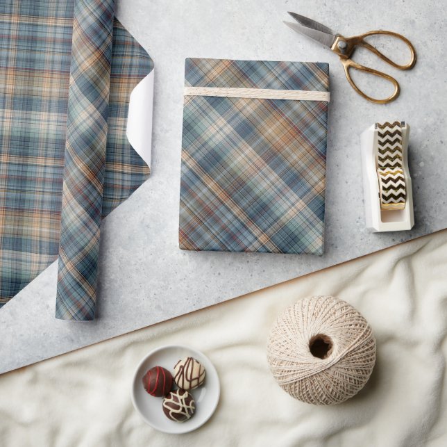 Traditional Teal Blue Beige Tan Taupe Brown Tartan Wrapping Paper (Crafts)