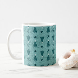 Traditional Teal Green Christmas Trees & Reindeer Coffee Mug