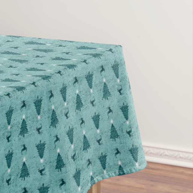Traditional Teal Green Christmas Trees & Reindeer Tablecloth (In Situ)