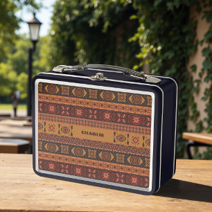 Traditional Terracotta Ethnic Tribal Boho Pattern Metal Lunch Box
