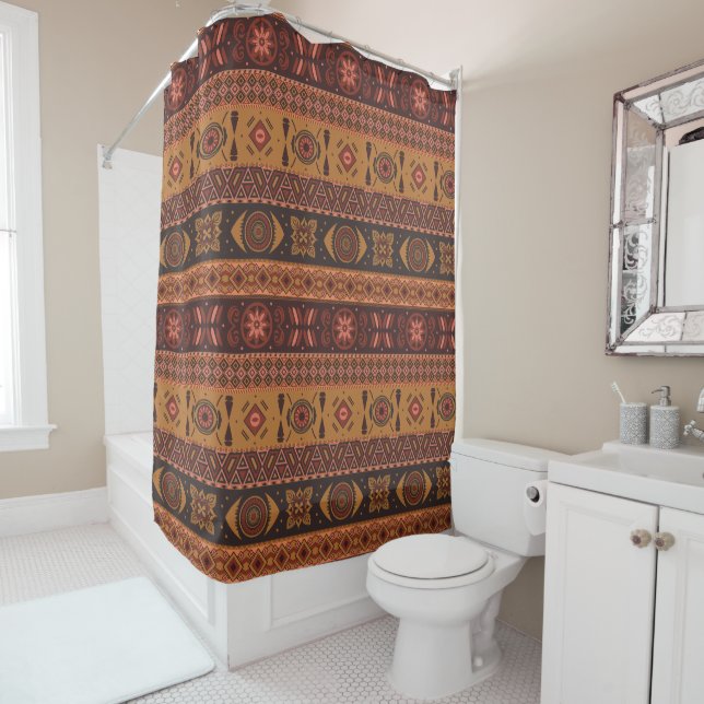 Traditional Terracotta Ethnic Tribal Boho Pattern Shower Curtain (In Situ)