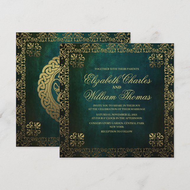 Traditional Textured Green & Gold Wedding Invitation (Front/Back)