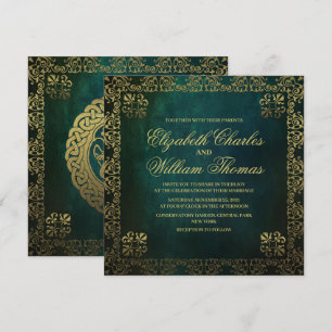 Traditional Textured Green & Gold Wedding Invitation