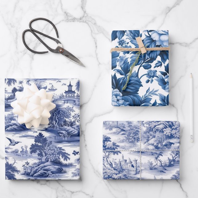Traditional Toile de Jouy, Blue Willow Patterns Wrapping Paper Sheet (Front)