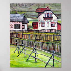 Traditional Transylvanian Village Original Folk Poster