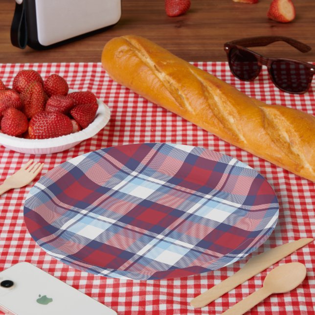 Traditional USA Red White Blue Tartan Pattern Paper Plate (Picnic)