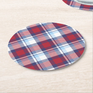 Traditional USA Red White Blue Tartan Pattern Round Paper Coaster