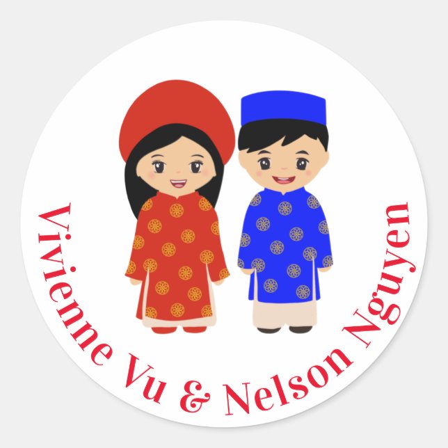 Traditional Vietnamese Ao Dai Wedding Couple Classic Round Sticker (Front)