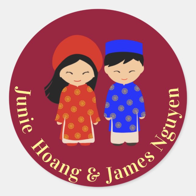 Traditional Vietnamese Ao Dai Wedding Couple Classic Round Sticker (Front)