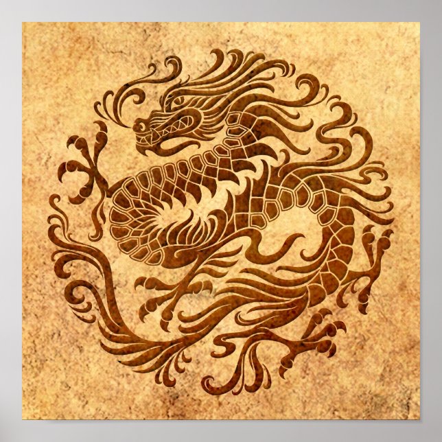 Traditional Vintage and Worn Chinese Dragon Circle Poster (Front)