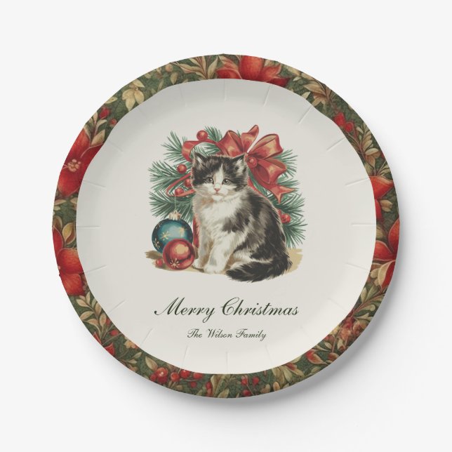 Traditional Vintage Cat Christmas Paper Plate (Front)