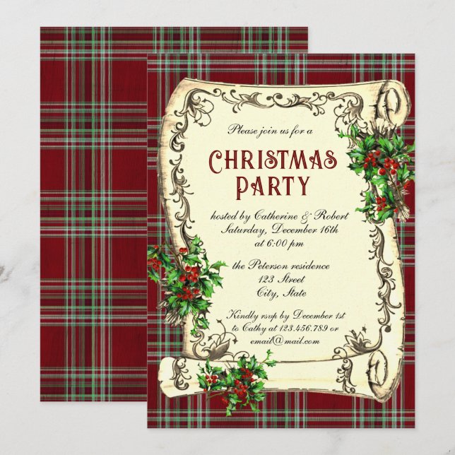 Traditional Vintage Christmas Party Scroll Plaid Invitation (Front/Back)