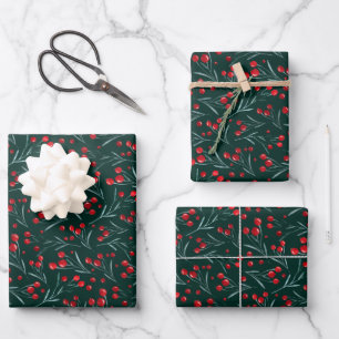 Traditional watercolor christmas berries wrapping paper sheet