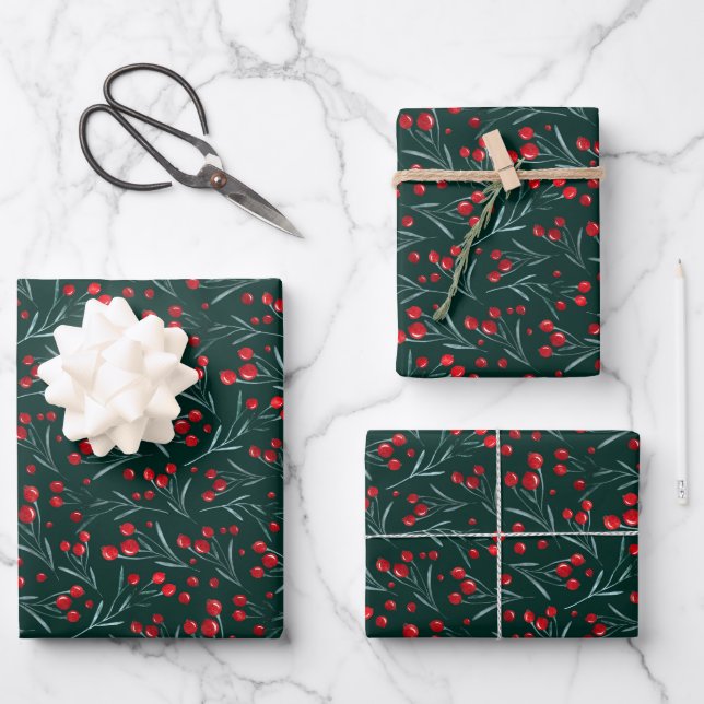 Traditional watercolor christmas berries wrapping paper sheet (Front)