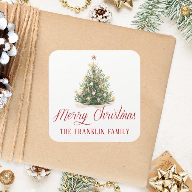 Traditional Watercolor Christmas Tree Gift Square Sticker (Creator Uploaded)